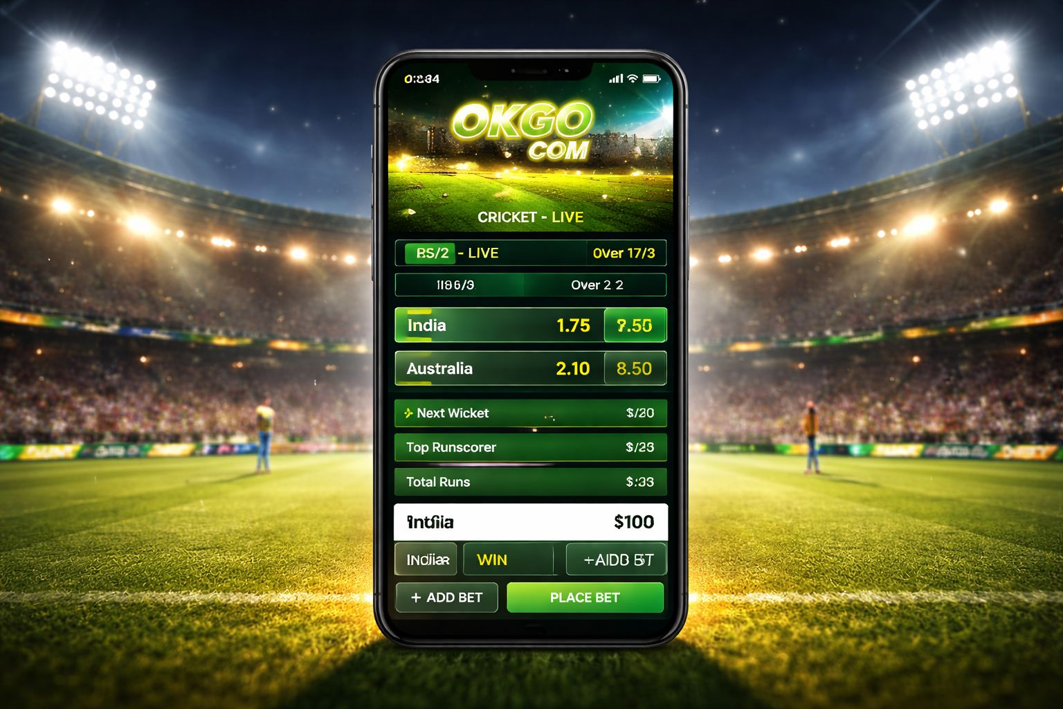 OKGO COM sportsbook mobile view with live cricket wager slip
