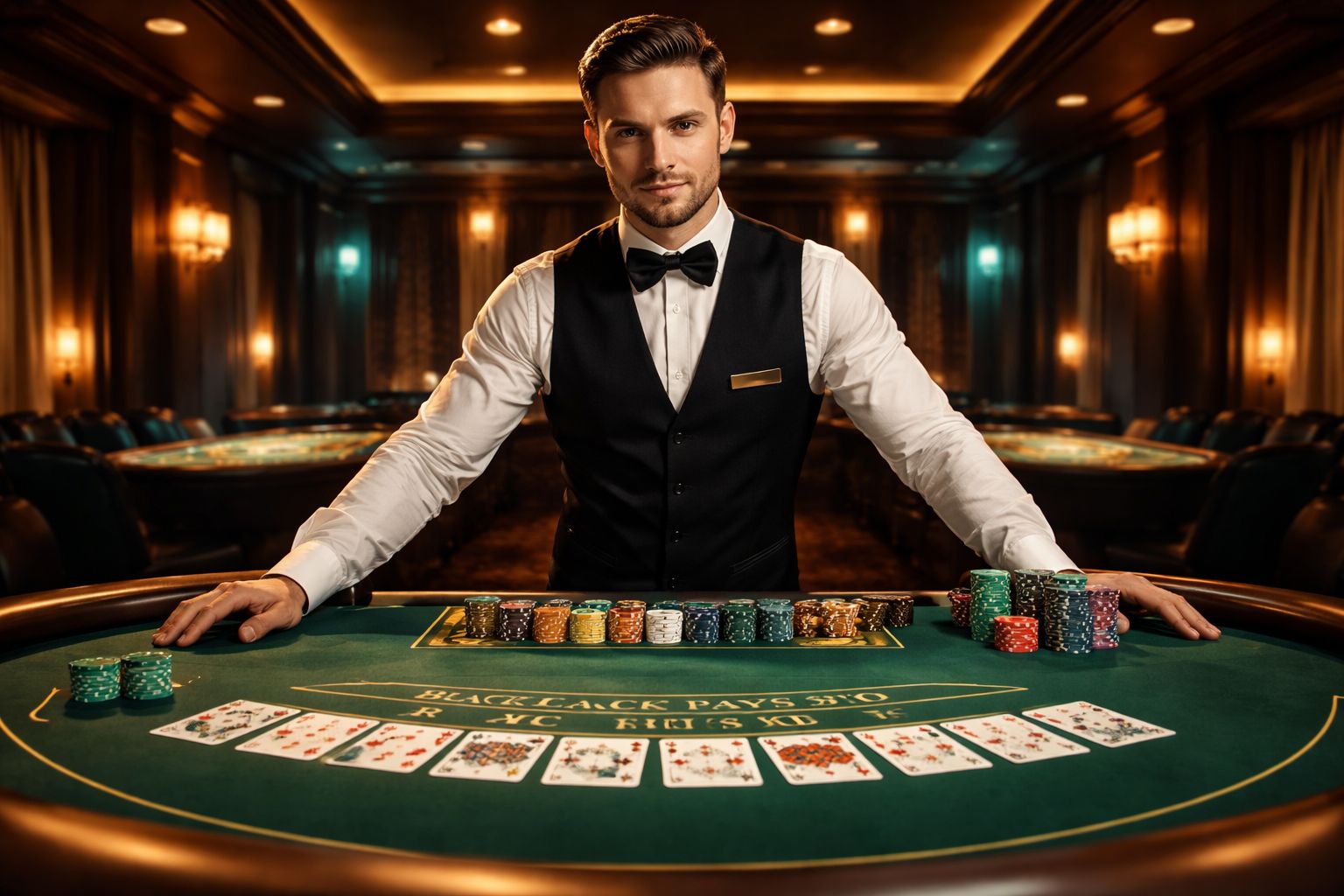 OKGO COM live dealer studio with professional croupier at blackjack table