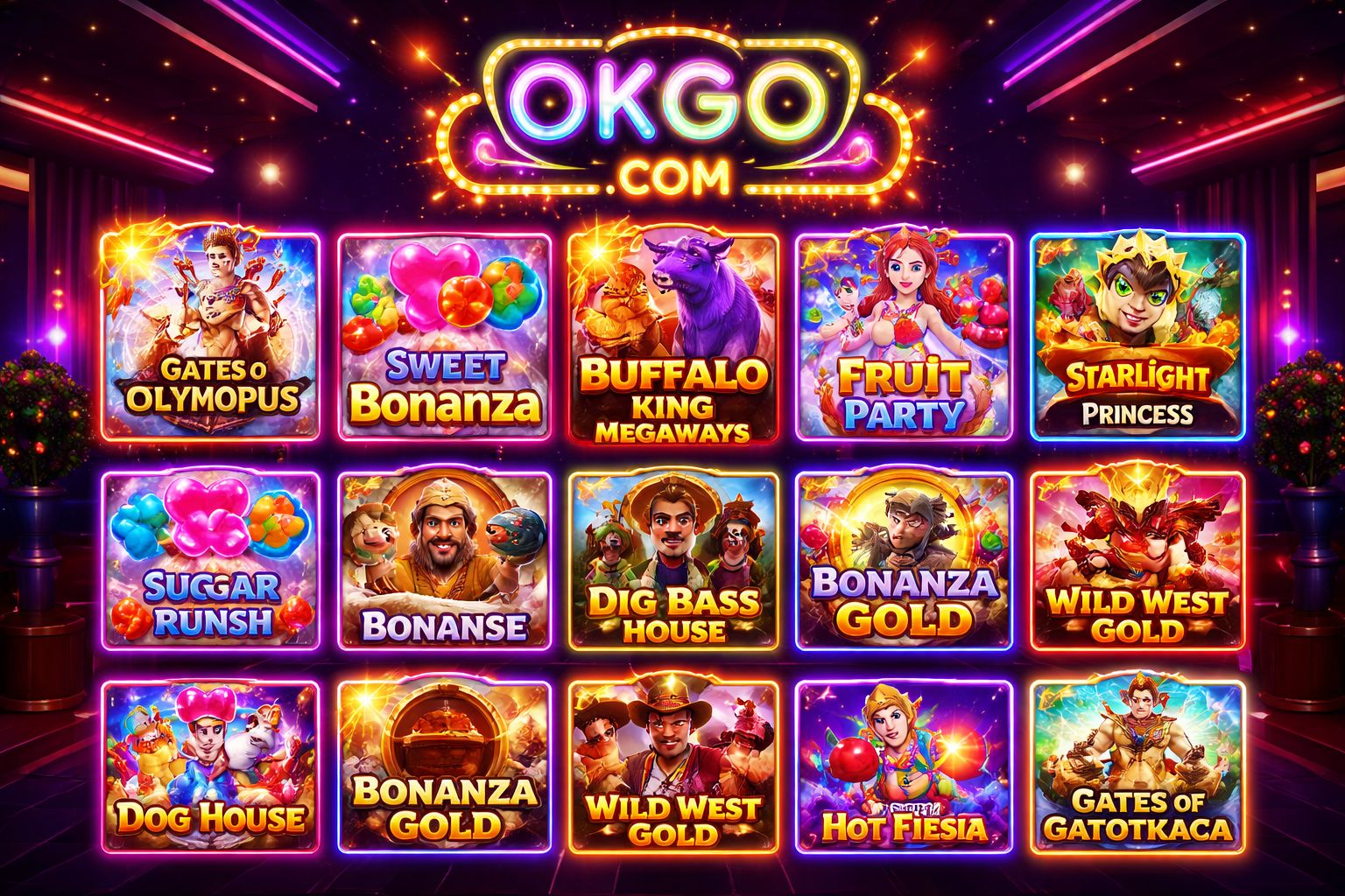 OKGO COM Slots lobby with popular game thumbnails