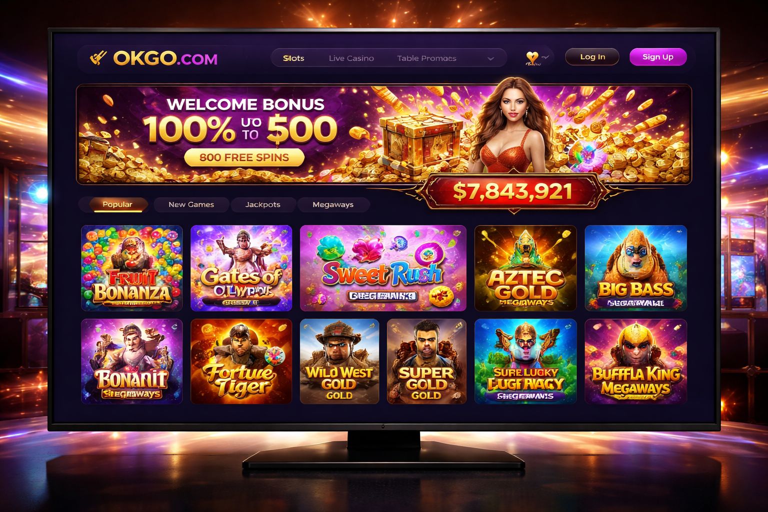 OKGO COM slot game interface showing popular titles